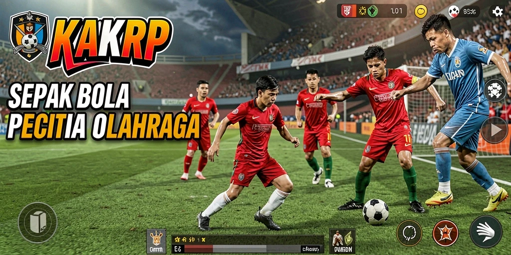 Screenshot gameplay KAKRP yang menampilkan aksi seru di lapangan sepak bola.