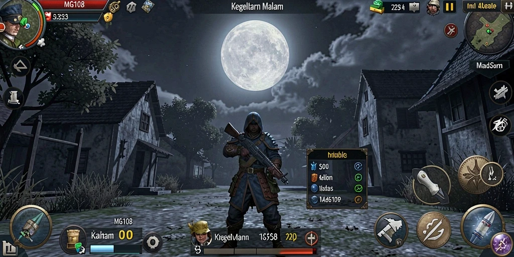 Screenshot gameplay MG108 menunjukkan suasana menegangkan dalam kegelapan.