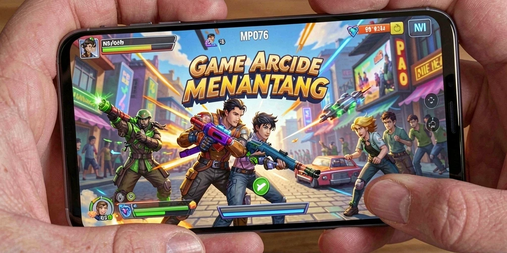 Screenshot utama MPO76 menampilkan aksi seru dalam game Arcade.