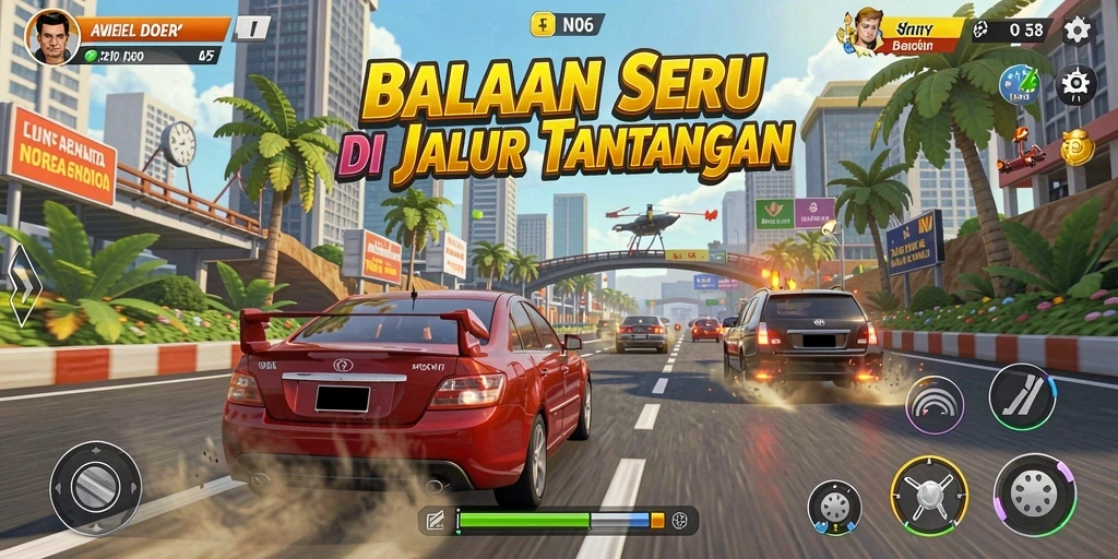 Tampilan seru dari gameplay balapan di N06 dengan kendaraan menarik.