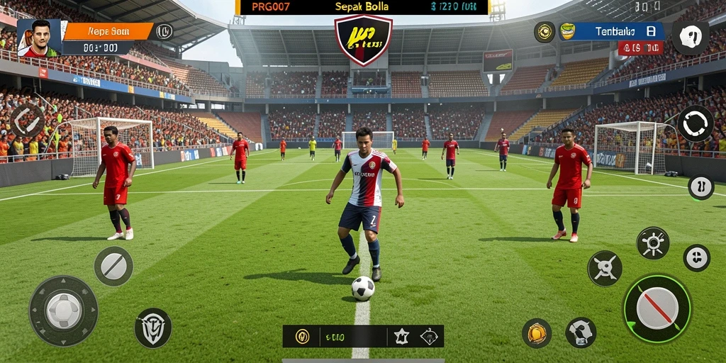 Screenshot gameplay PRG007 yang menunjukkan aksi sepak bola yang mendebarkan.