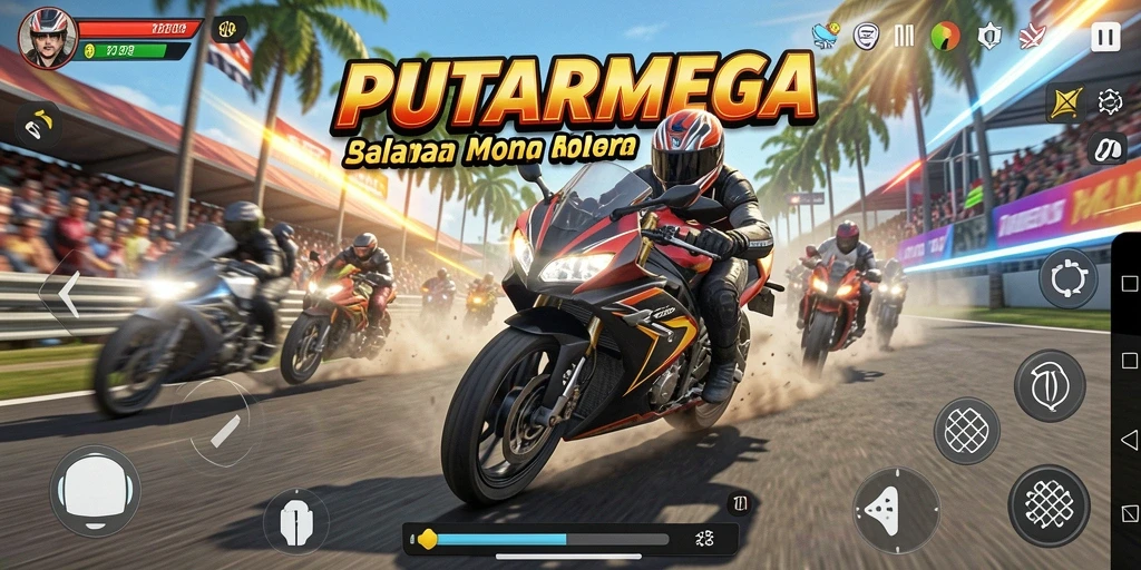 Gambar menampilkan aksi seru balapan motor dalam PUTARMEGA.