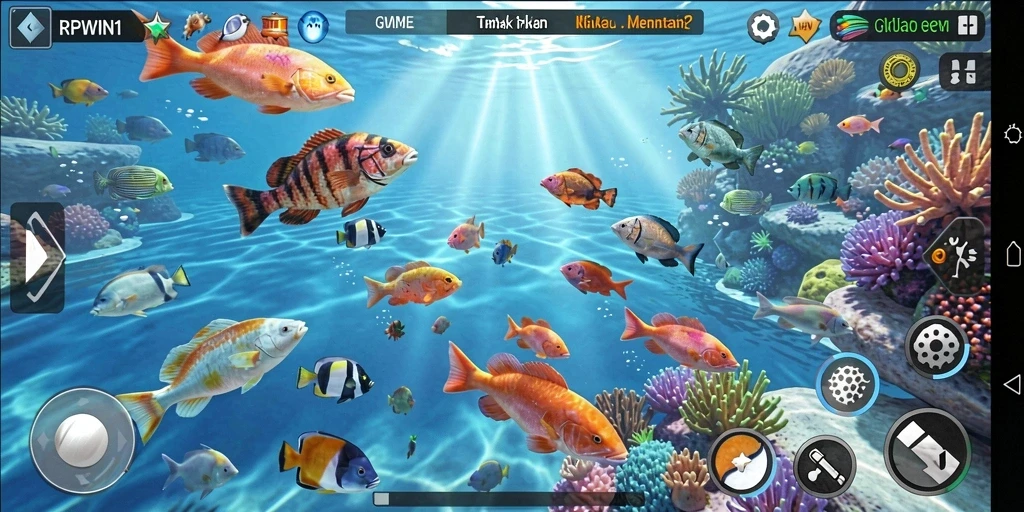 Tampilan gameplay seru di RPWIN1 dengan aksi menembak ikan.
