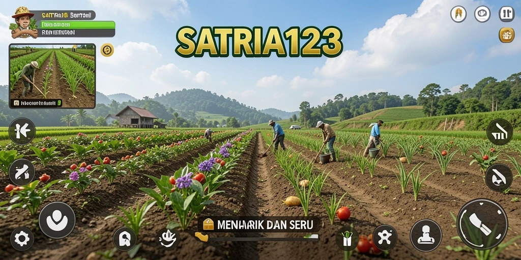 Screenshot utama SATRIA123 menampilkan petani yang sedang beraksi di ladang hijau.
