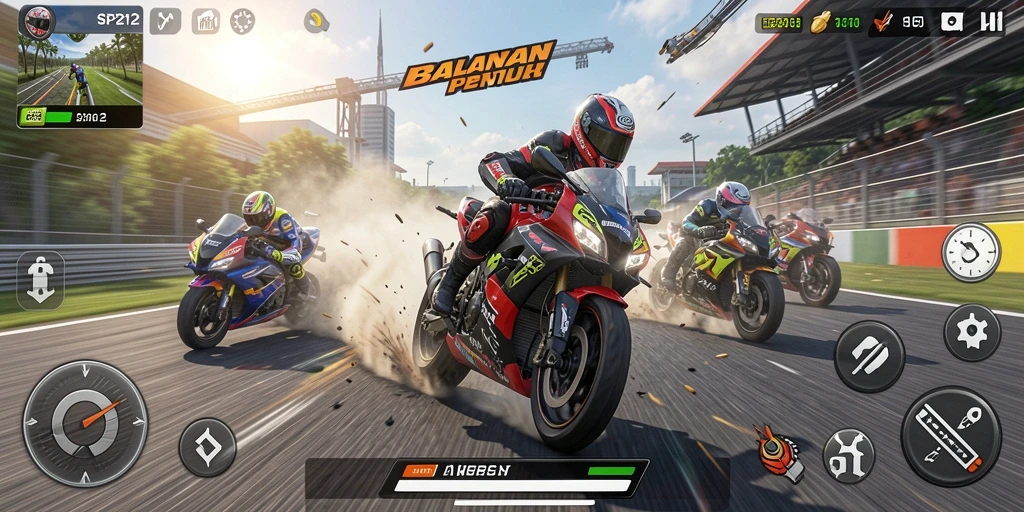 Screenshot utama SP212 menampilkan gameplay balapan motor yang mendebarkan.