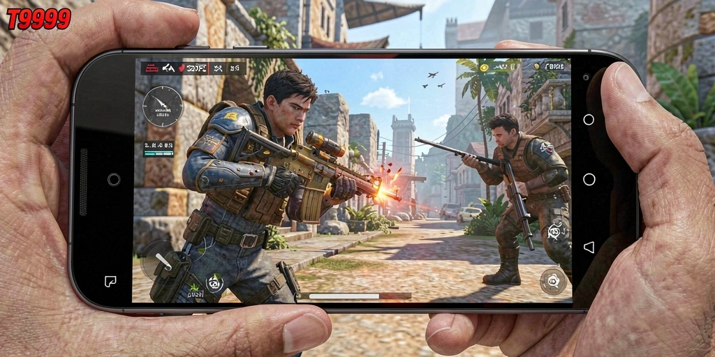 Tampilan gameplay menegangkan dalam T9999 dengan aksi tembak-menembak yang seru.