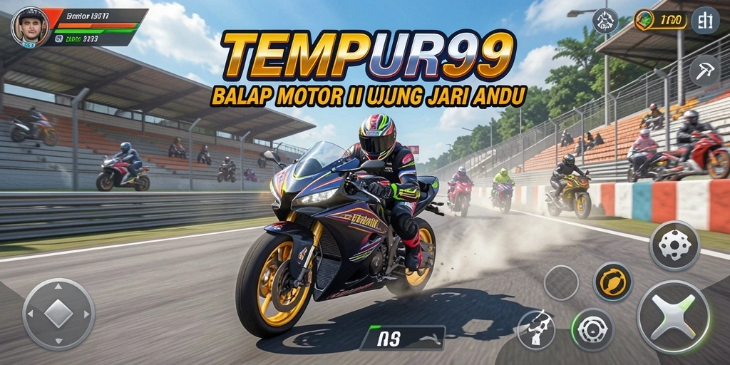 Tangkapan layar dari gameplay seru TEMPUR99 dengan balapan motor yang intens.