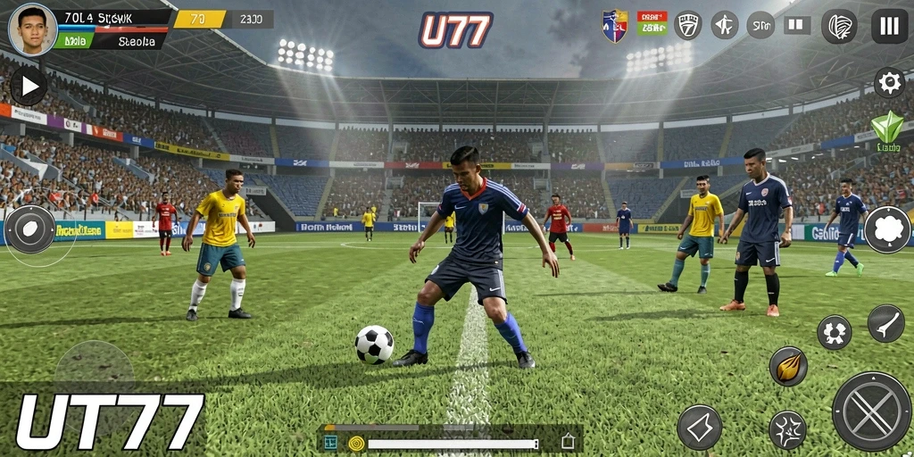 Screenshot UT77 menampilkan aksi seru dalam pertandingan sepak bola.