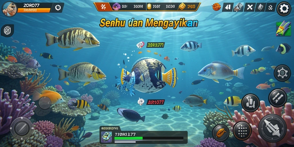Screenshot ZORO77 menampilkan aksi seru menembak ikan.